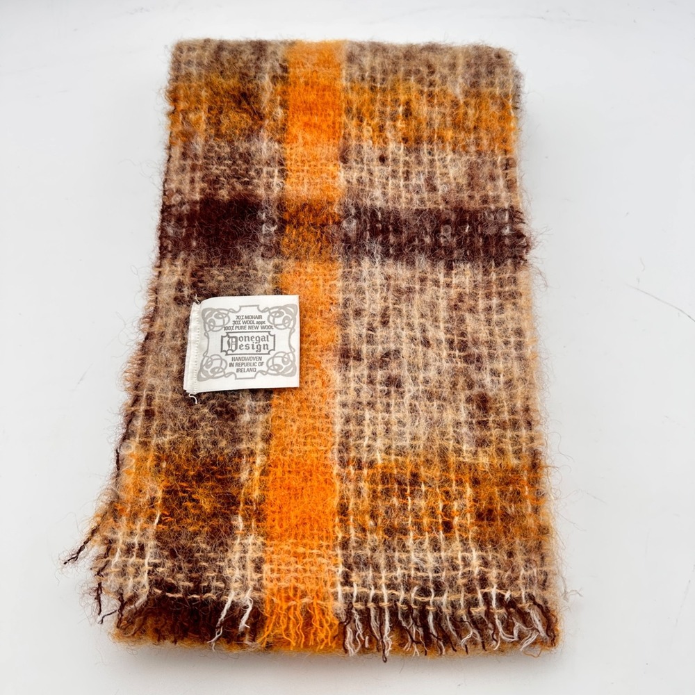 Vintage Donegal Design Mohair Wool Handwoven Scarf Orange Brown Plaid Ireland